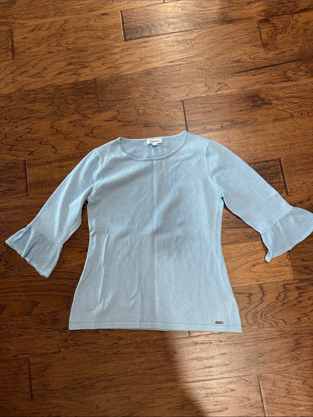Calvin Klein Light Blue Shimmer Scoop Neck Bell-Sleeve Top